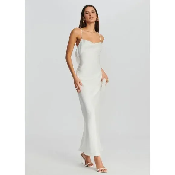 NWT Retrofete Cowl Neck Open Back Pearl Strap Electra Maxi Dress White Medium $5 - Picture 1 of 13